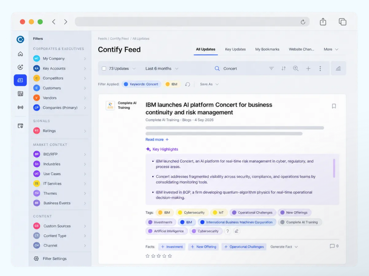 Contify feed with a filter sidebar and a company item showing AI key highlights, tags and extracted fact chips