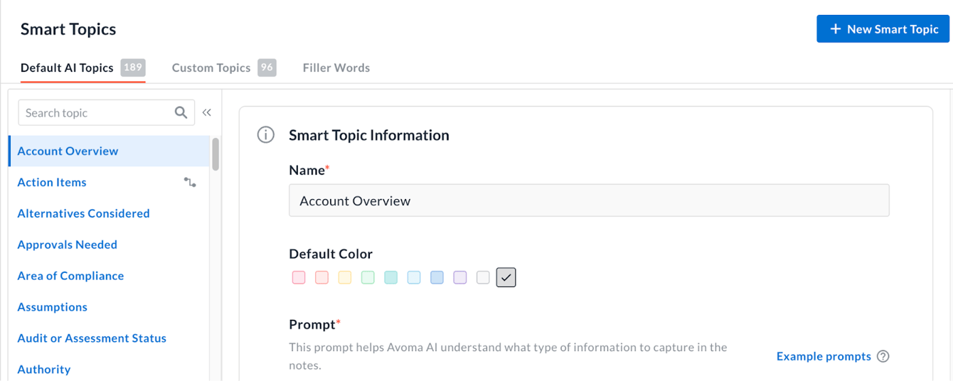 Avoma Smart Topics settings page with tabs Default AI Topics (189), Custom Topics (96) and Filler Words, a topic list on the left, and the Smart Topic Information form (name, color, prompt) for Account Overview