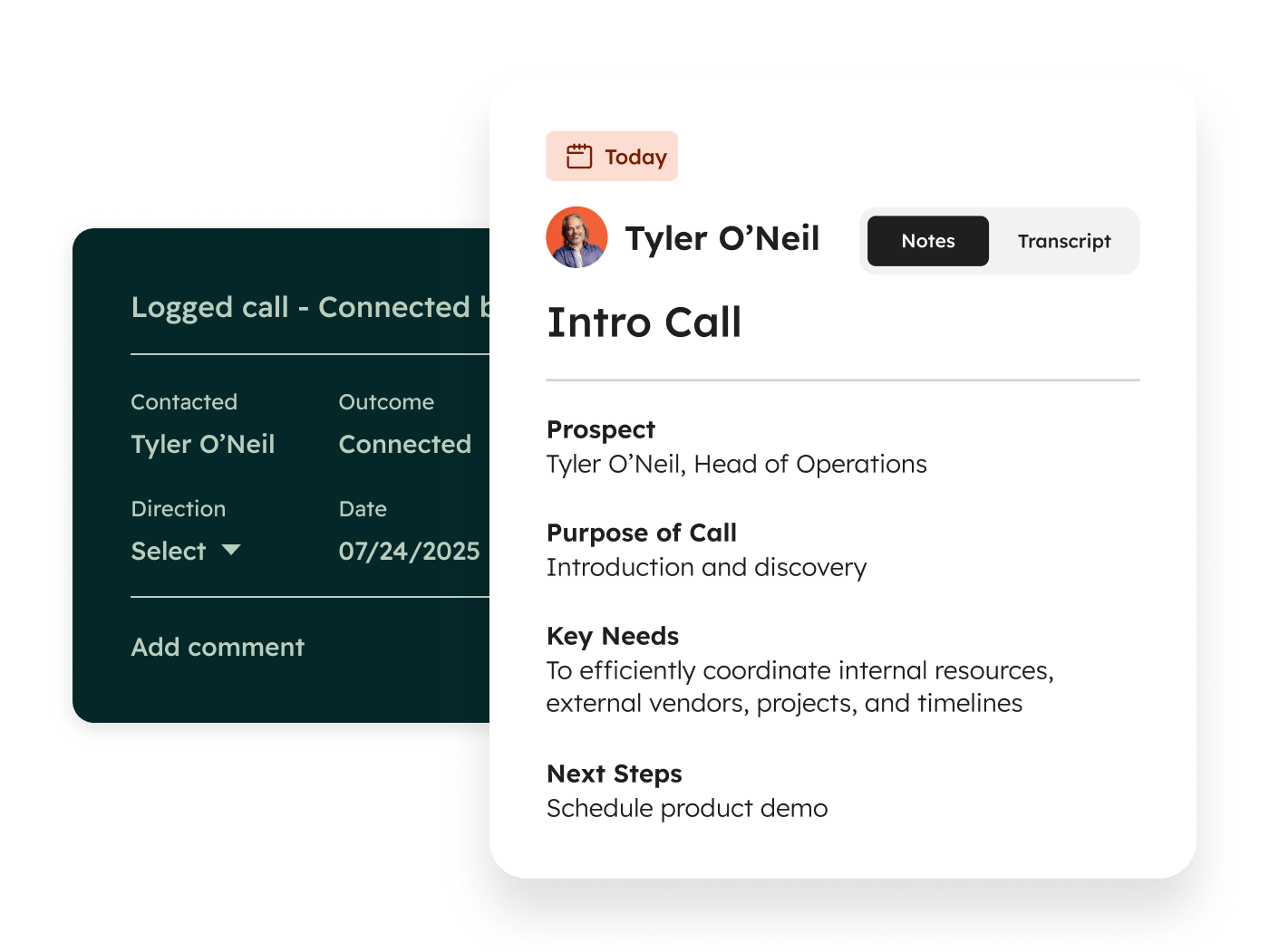 HubSpot call record with a logged call form and an AI call summary with Notes and Transcript toggle, showing prospect, purpose of call, key needs and next steps