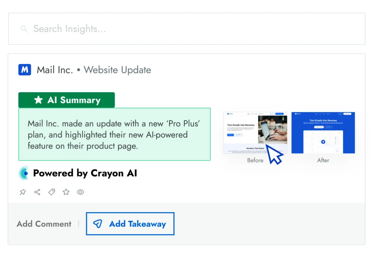 Crayon insight card with an AI summary of a competitor website update, before and after thumbnails and an Add Takeaway button