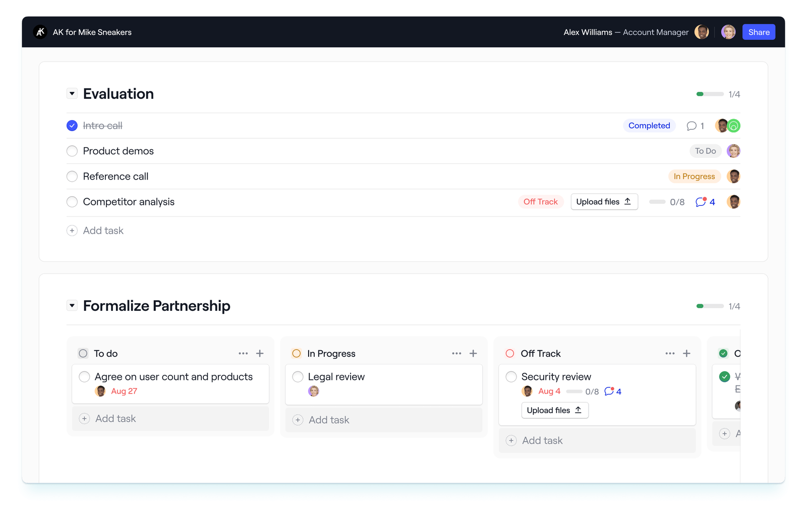 Dock mutual action plan shared with a buyer, with an Evaluation task list showing completed, in progress and off track steps and a Formalize Partnership board with legal and security review