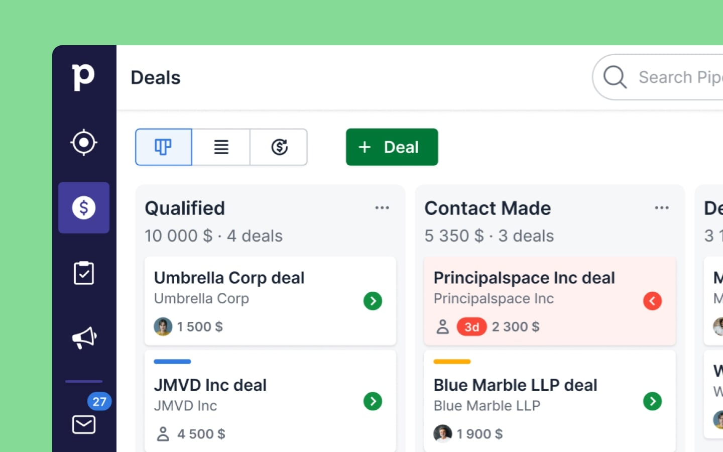 Pipedrive Deals board in kanban view with Qualified and Contact Made stages, deal cards with amounts and one deal highlighted red as idle for three days