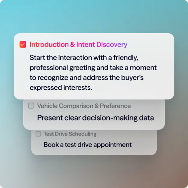 Dialpad AI Playbooks illustration with a checked step Introduction and Intent Discovery above two unchecked steps, Vehicle Comparison and Test Drive Scheduling