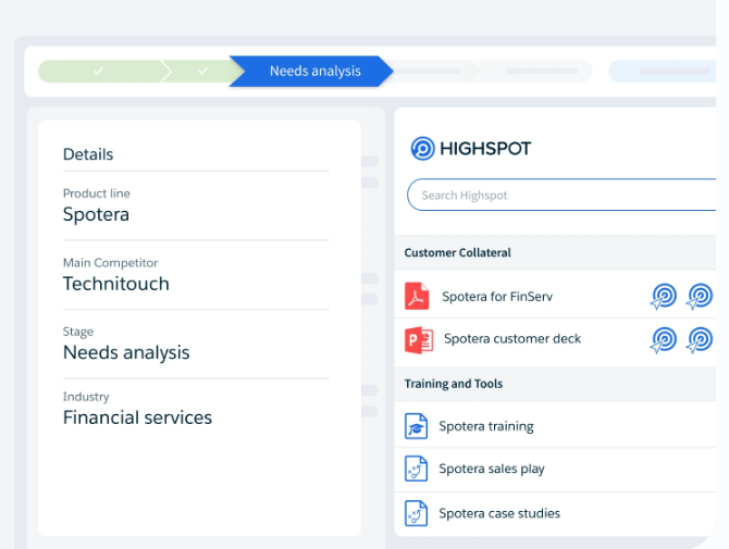 Highspot panel next to a deal record showing customer collateral, training and a sales play for the deal stage