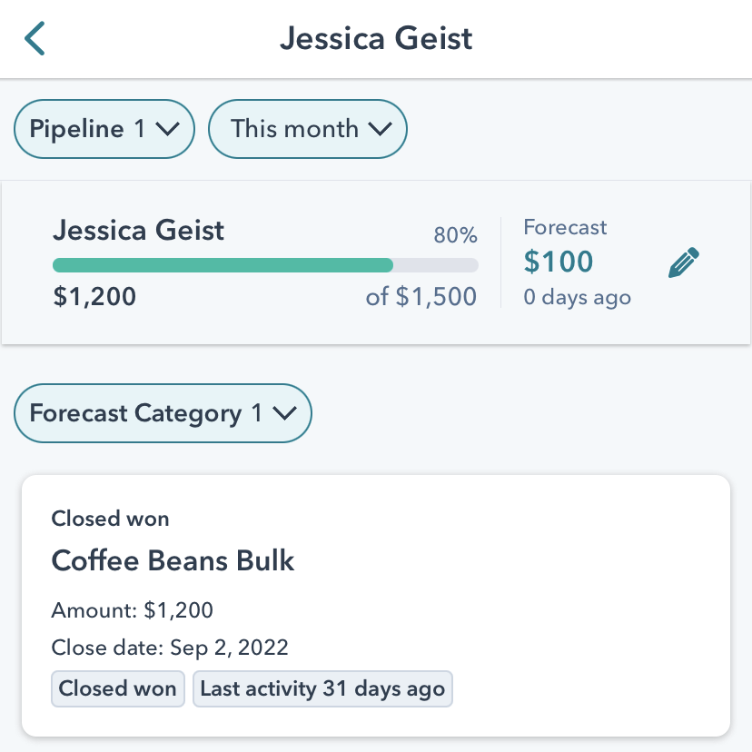HubSpot forecast tool on mobile showing a rep's forecast of $100 against $1,200 closed won and a forecast category filter