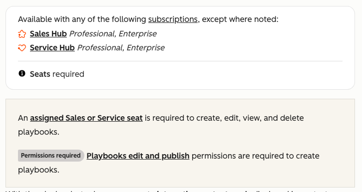 HubSpot Knowledge Base page Use playbooks showing availability on Sales Hub and Service Hub Professional and Enterprise and the note that an assigned Sales or Service seat is required