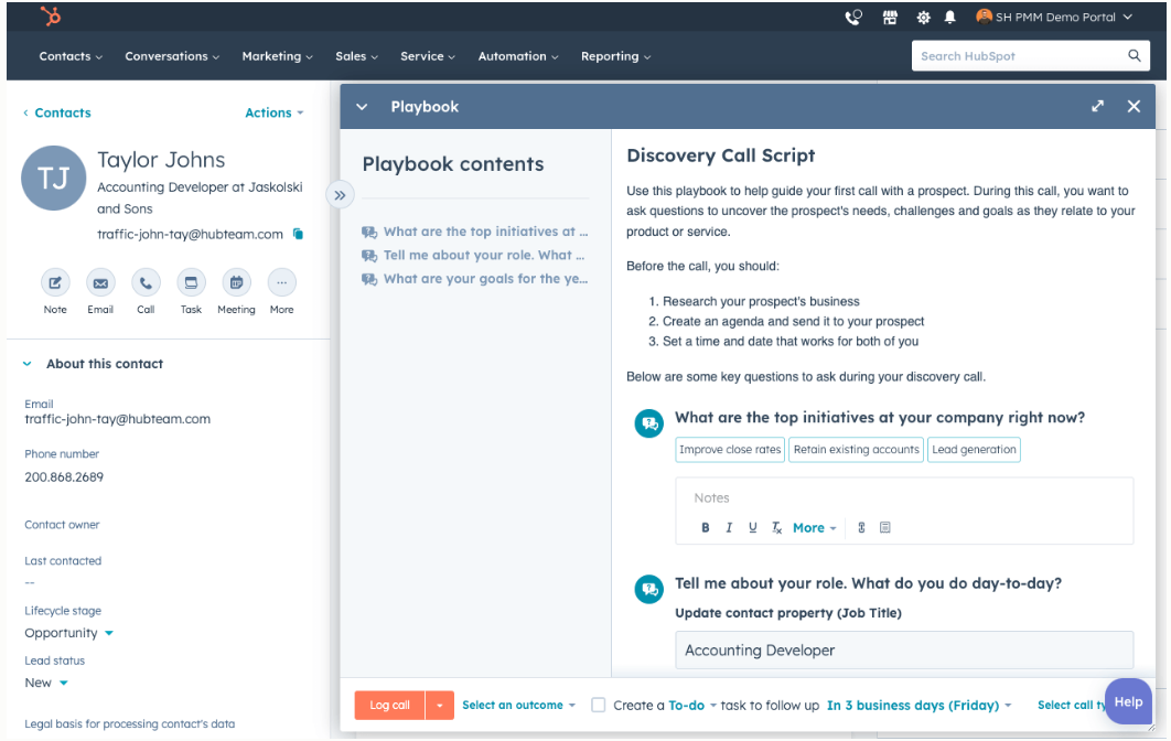 HubSpot playbook with a discovery call script open on a contact record