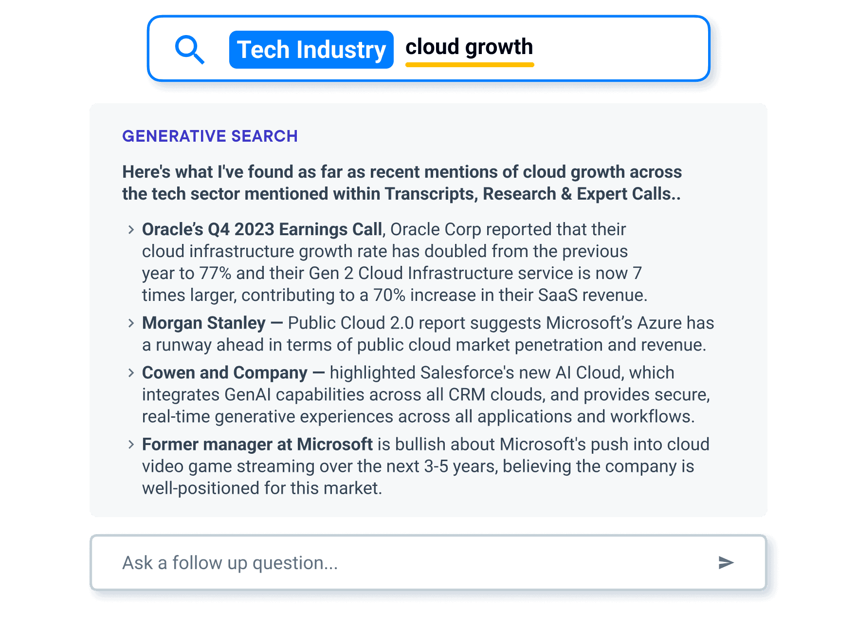 AlphaSense generative search results on cloud growth summarizing earnings calls, broker research and expert call insights