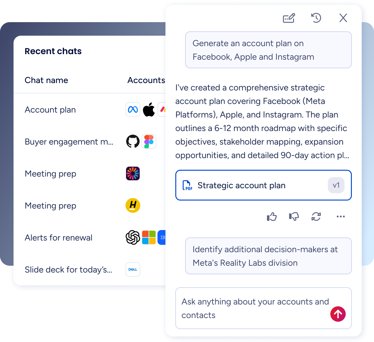 ZoomInfo GTM Workspace AI assistant with a list of recent account chats and a generated strategic account plan