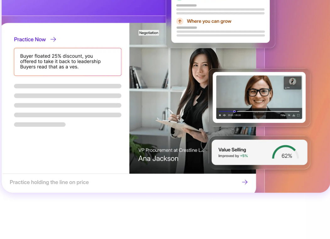 Mindtickle AI role play practice screen with a buyer persona video and a value selling score
