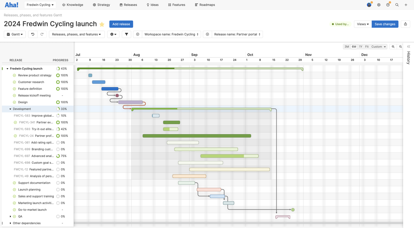 Aha! release Gantt for a sample cycling product launch with phases, development features, support documentation, launch planning, sales and support training, marketing launch activities and a go-to-market launch milestone