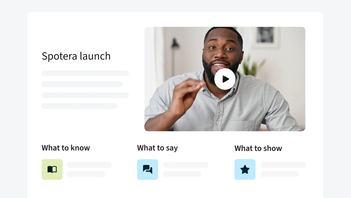 Highspot sales play for a sample product launch with a video and three sections titled What to know, What to say and What to show