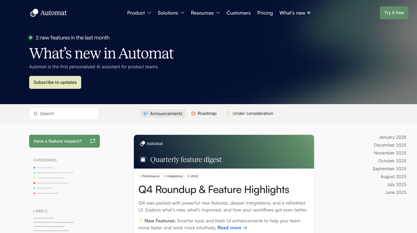 LaunchNotes public changelog page for a sample company with Announcements, Roadmap and Under consideration tabs, a quarterly feature digest card tagged Performance, Integrations and UI/UX, a category list and a month archive