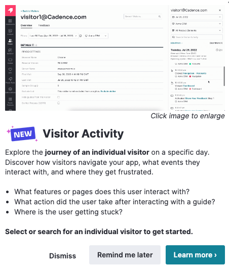Pendo in-app lightbox guide announcing a new Visitor Activity feature, with a preview image, three bullet questions and Dismiss, Remind me later and Learn more buttons