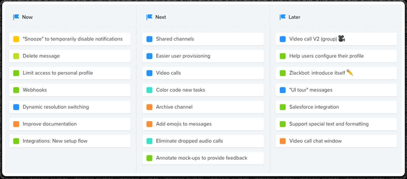 Productboard roadmap board with Now, Next and Later columns listing feature cards such as webhooks, shared channels and video calls
