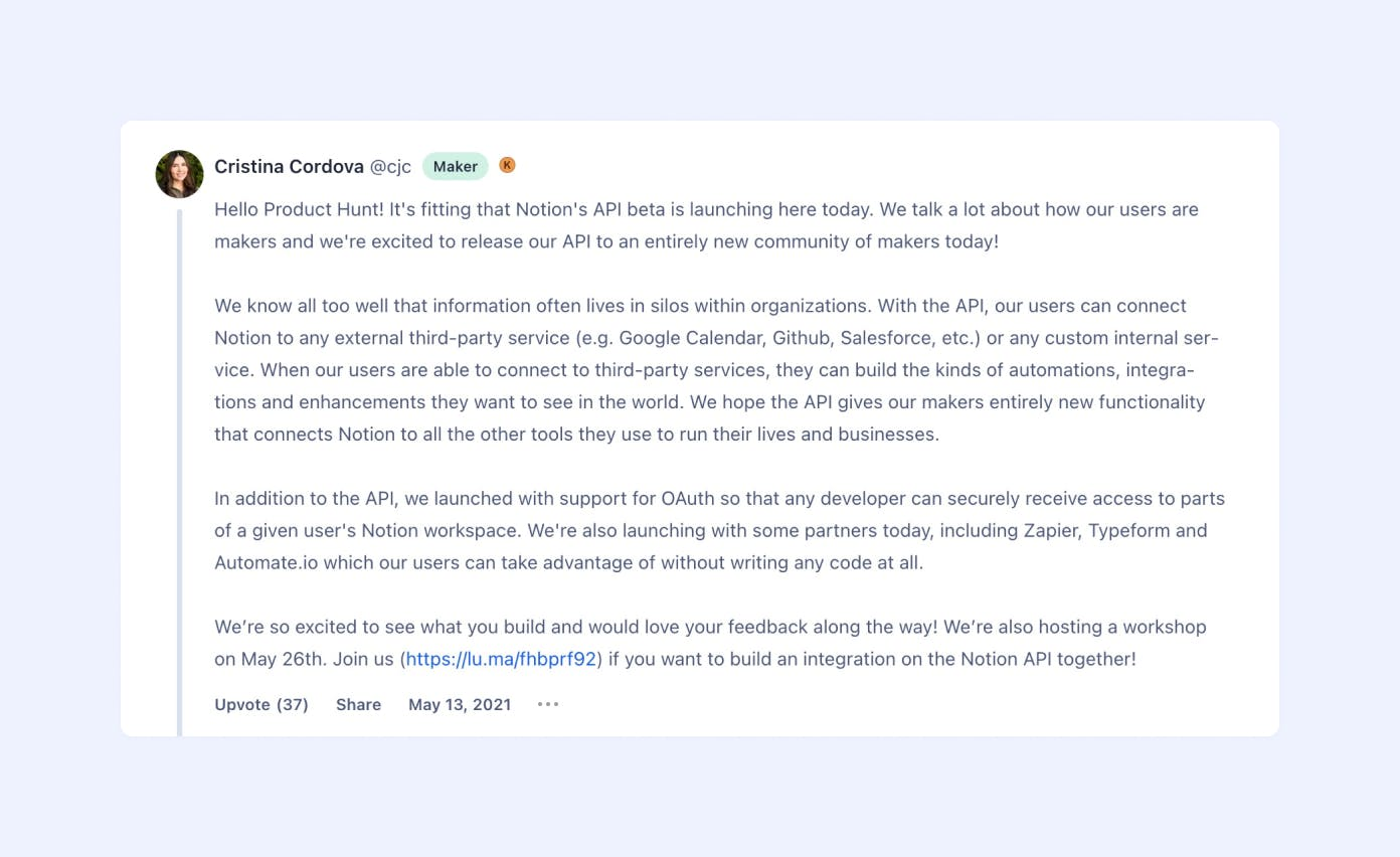 Product Hunt launch page first comment from the maker of a sample product with an upvote count, share button and date
