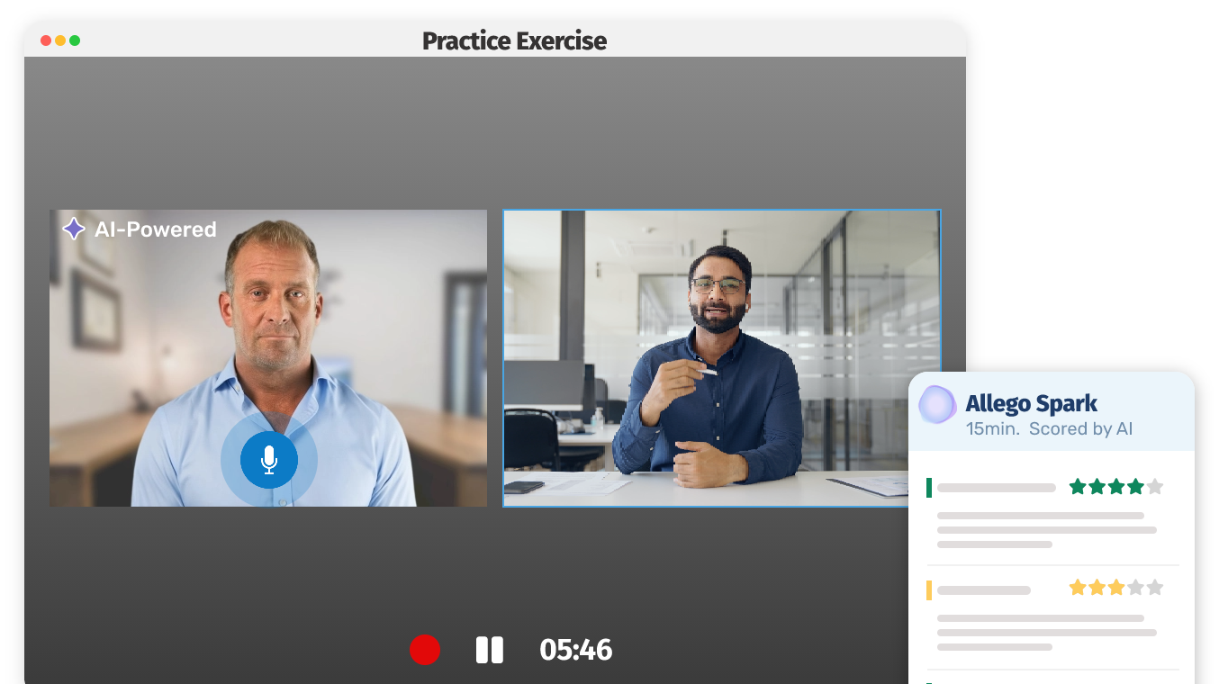 Allego practice exercise with an AI-powered buyer video, the rep's video and an Allego Spark card scored by AI with star ratings