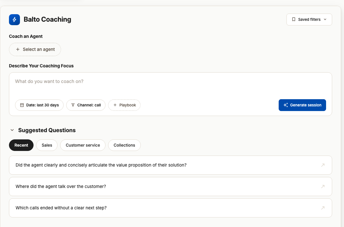 Balto Coaching panel to select an agent, describe a coaching focus and generate a session, with suggested questions such as where the agent talked over the customer