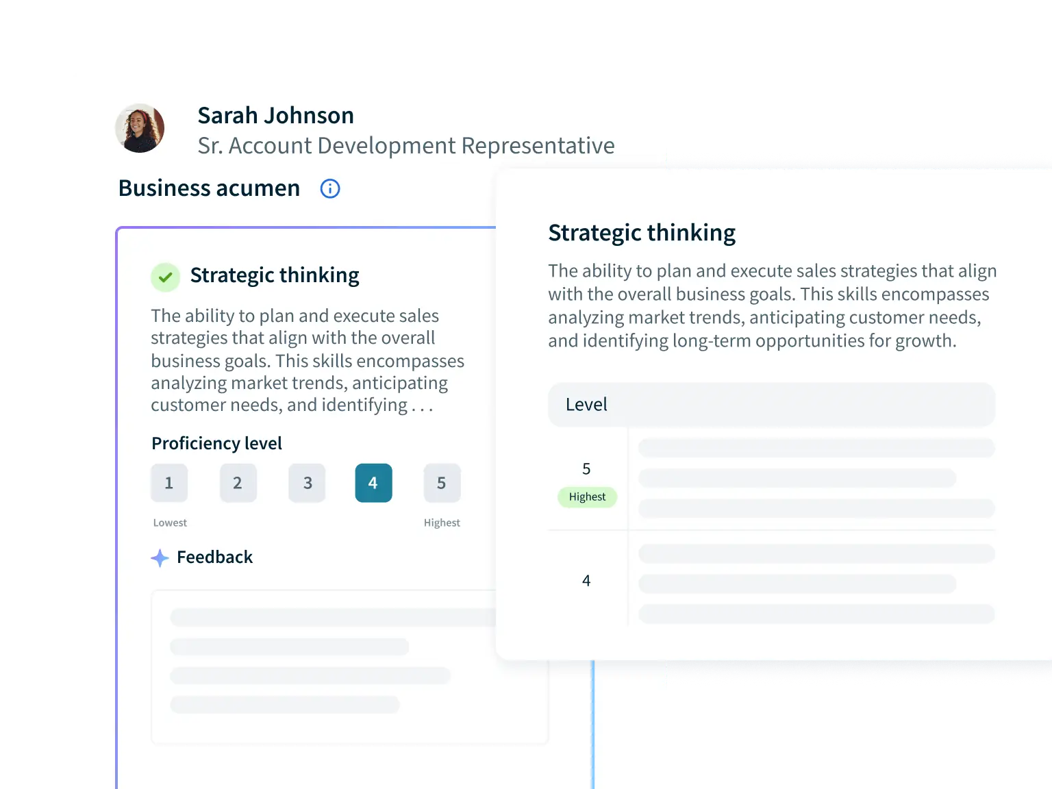 Highspot skill assessment for a sales development rep showing strategic thinking with a proficiency level from 1 to 5 and feedback