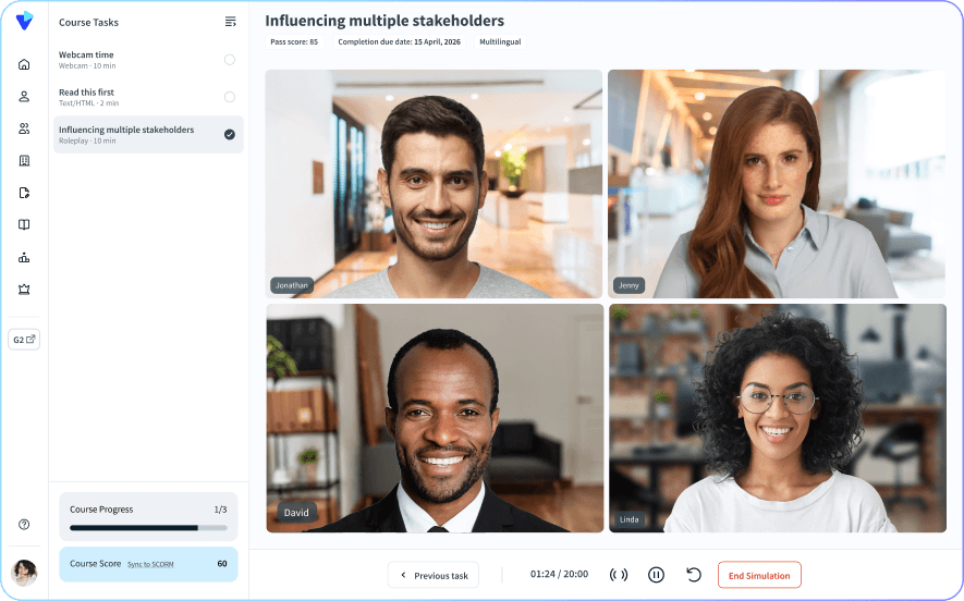 Second Nature role-play simulation with four AI video personas, a session timer, course tasks and a course score