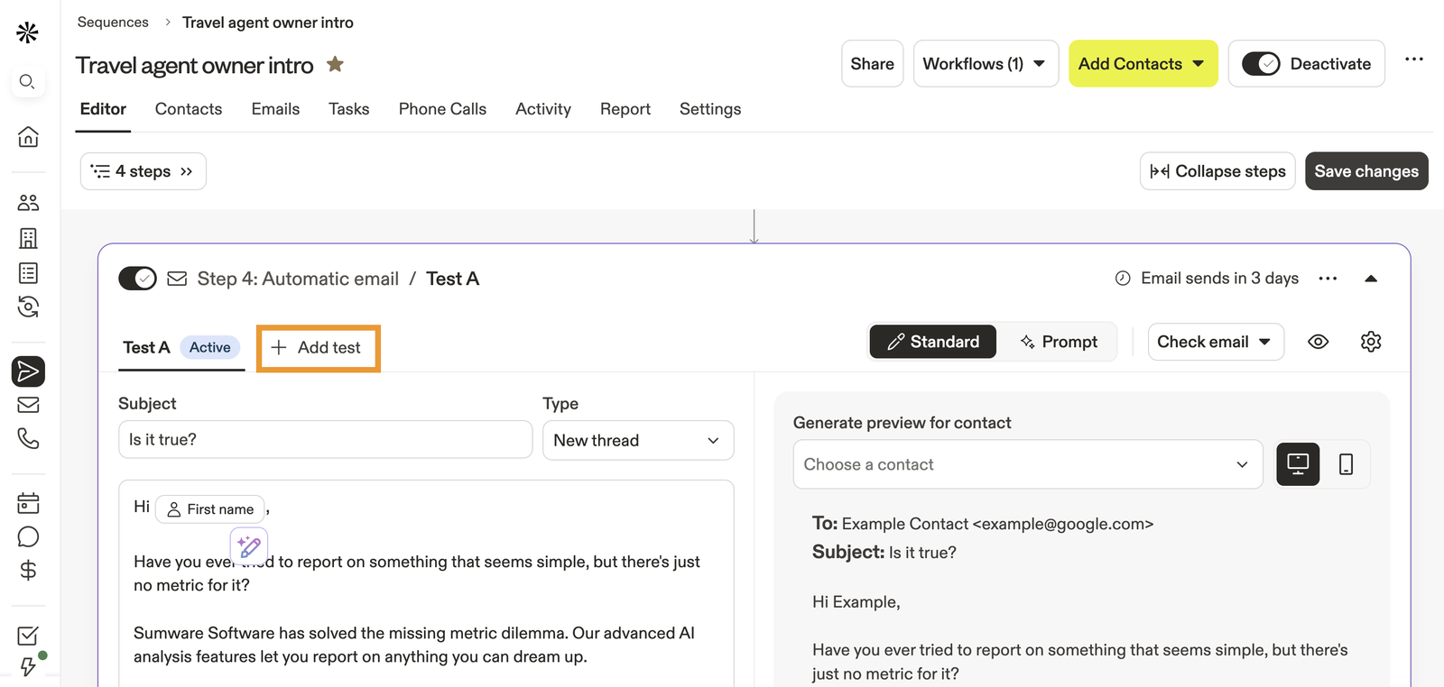 Apollo sequence editor on an automatic email step with Test A active and an Add test button highlighted beside the email subject and body