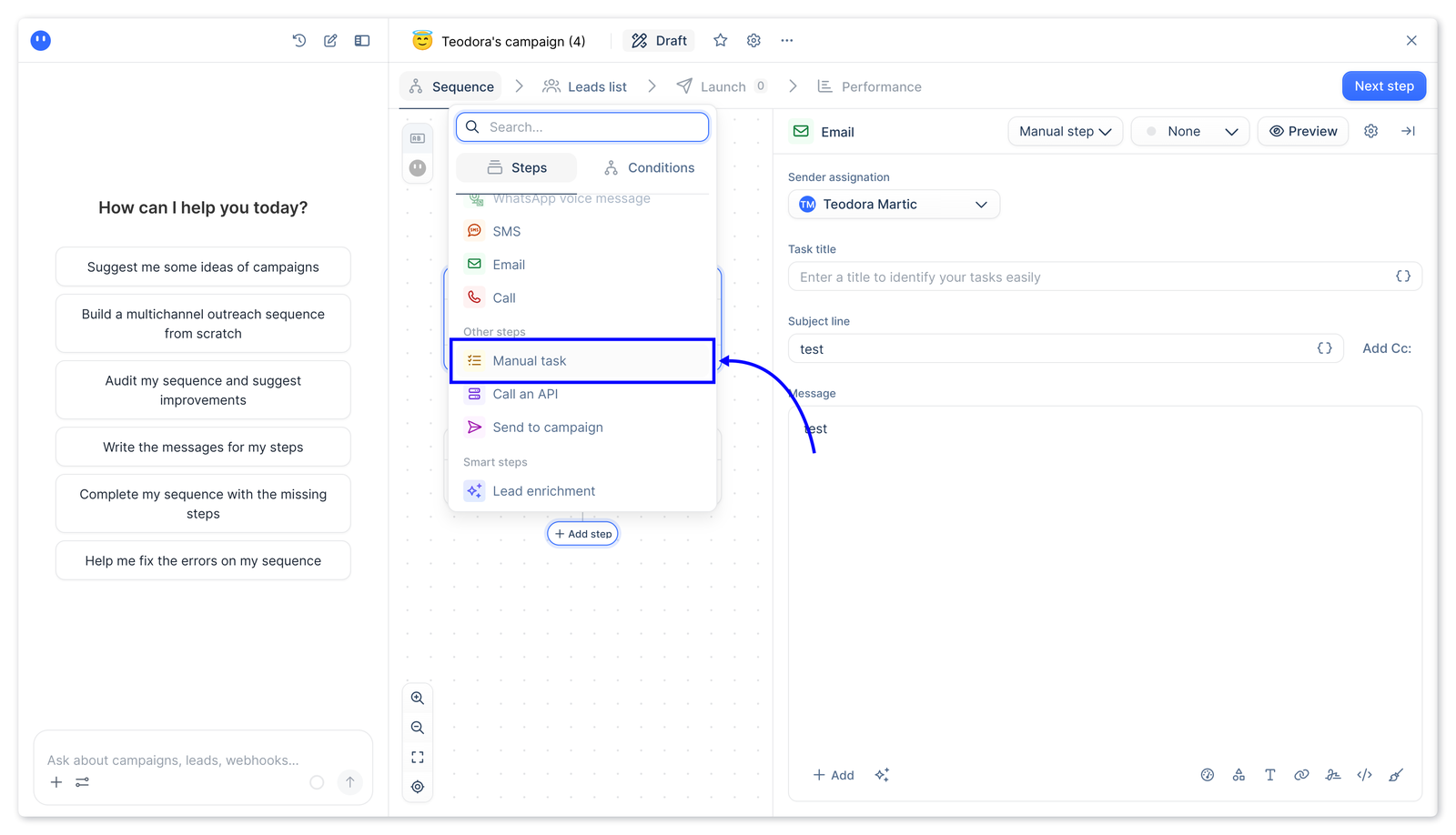 lemlist campaign sequence editor with the steps menu open and Manual task highlighted under Other steps, next to an email step with sender and subject fields