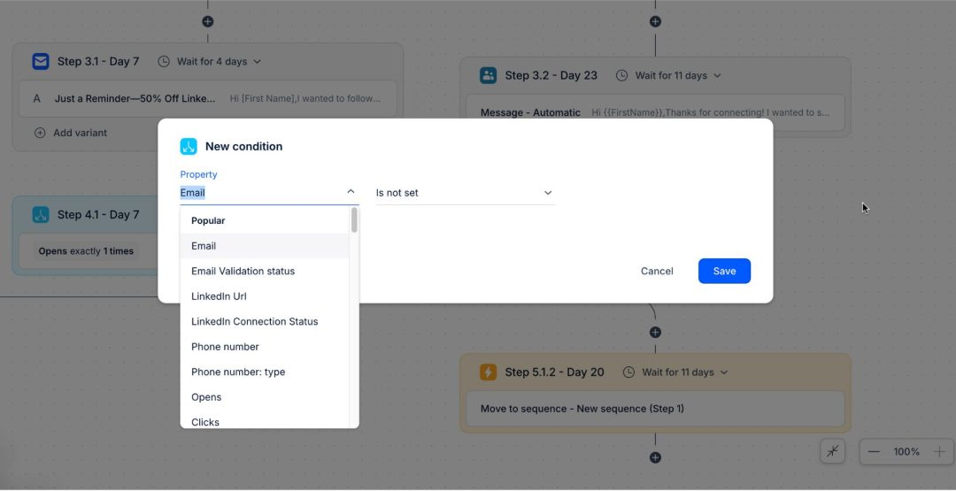 Reply.io sequence builder with a New condition dialog open over a branching sequence, listing properties such as Email, LinkedIn Connection Status, Opens and Clicks