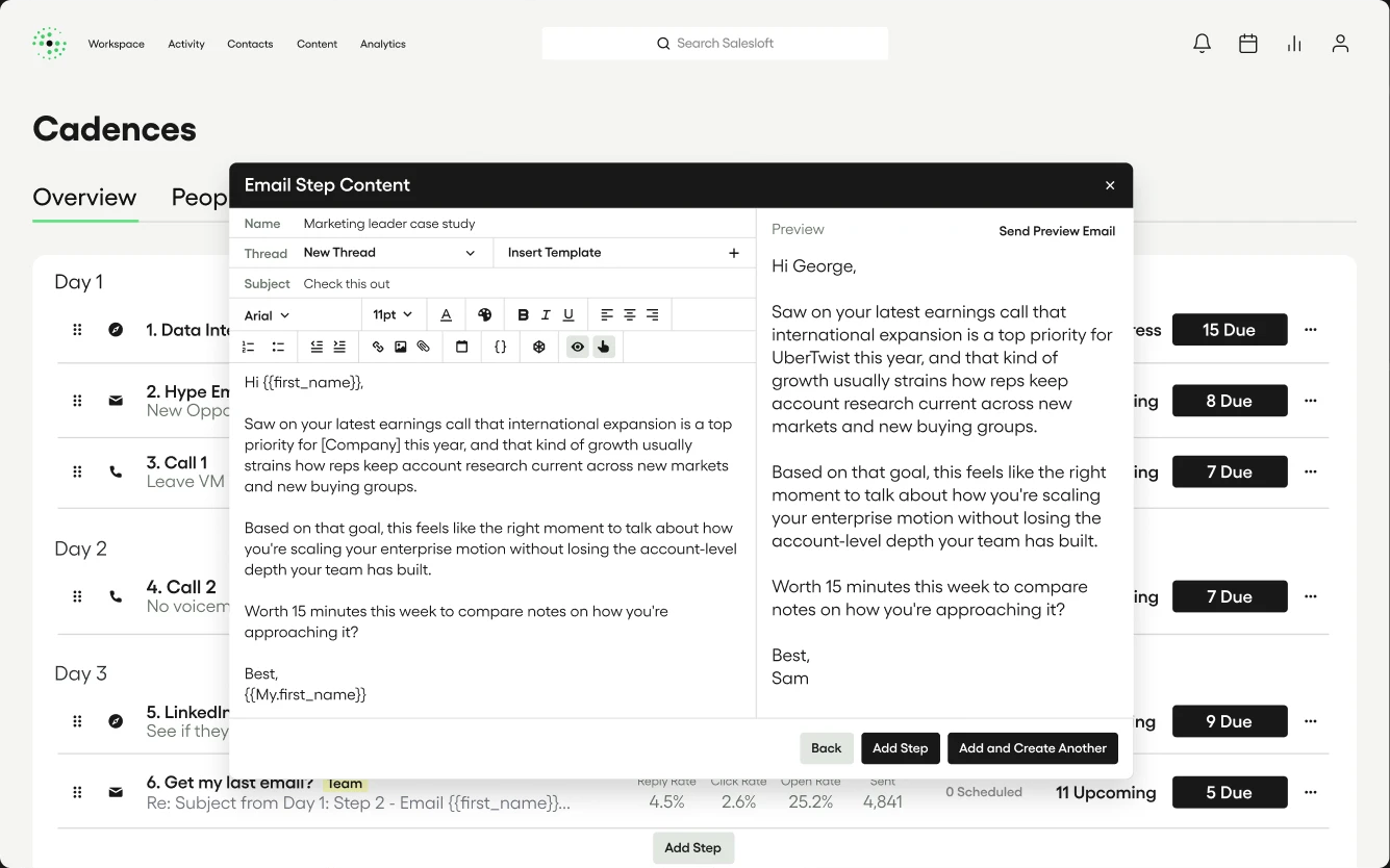 Salesloft Cadences page with an Email Step Content editor open over a day-by-day list of email, call and LinkedIn steps and a preview of the email