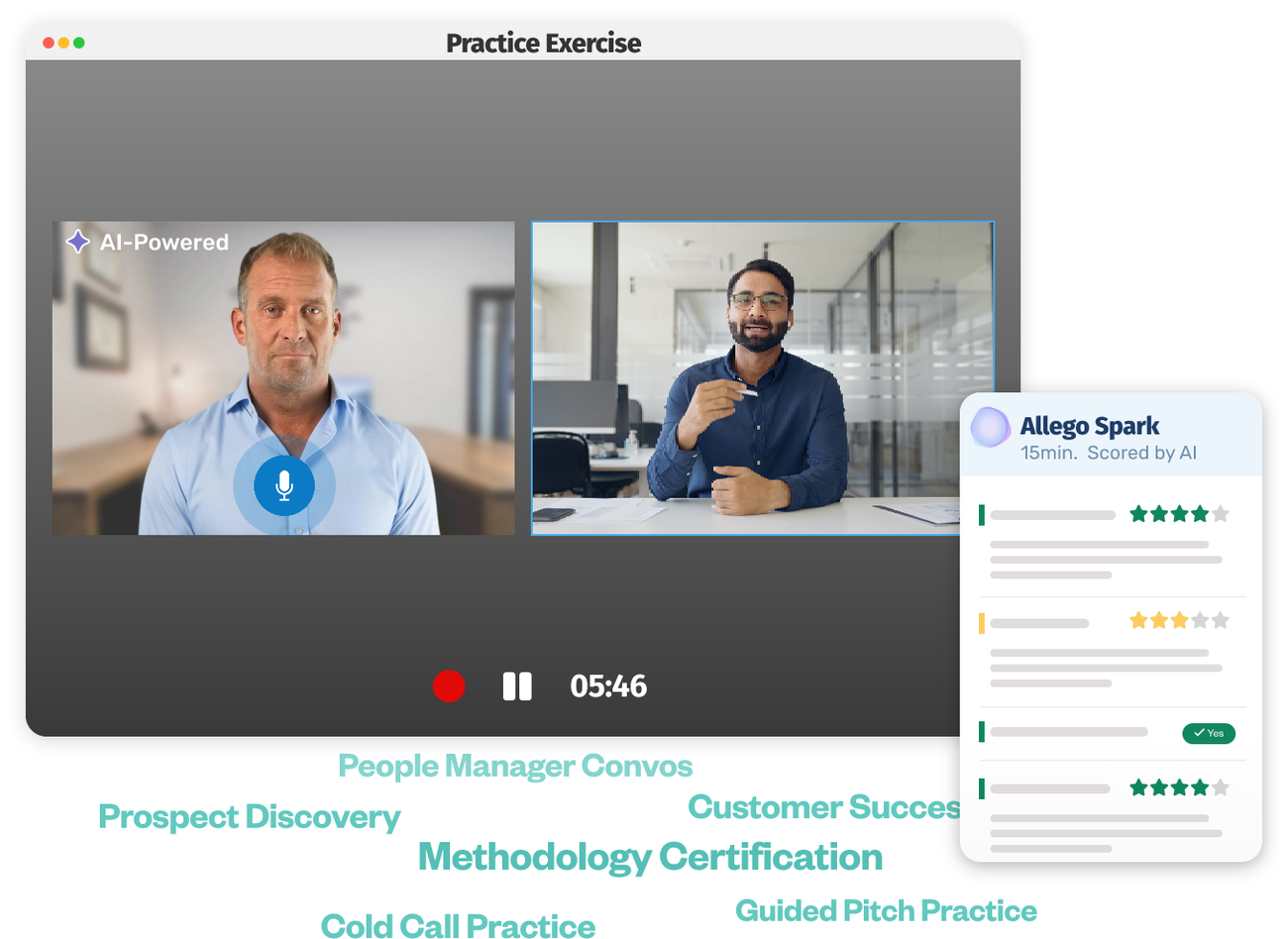 Allego practice exercise with an AI-powered video buyer, a recording timer and an Allego Spark panel with star ratings scored by AI