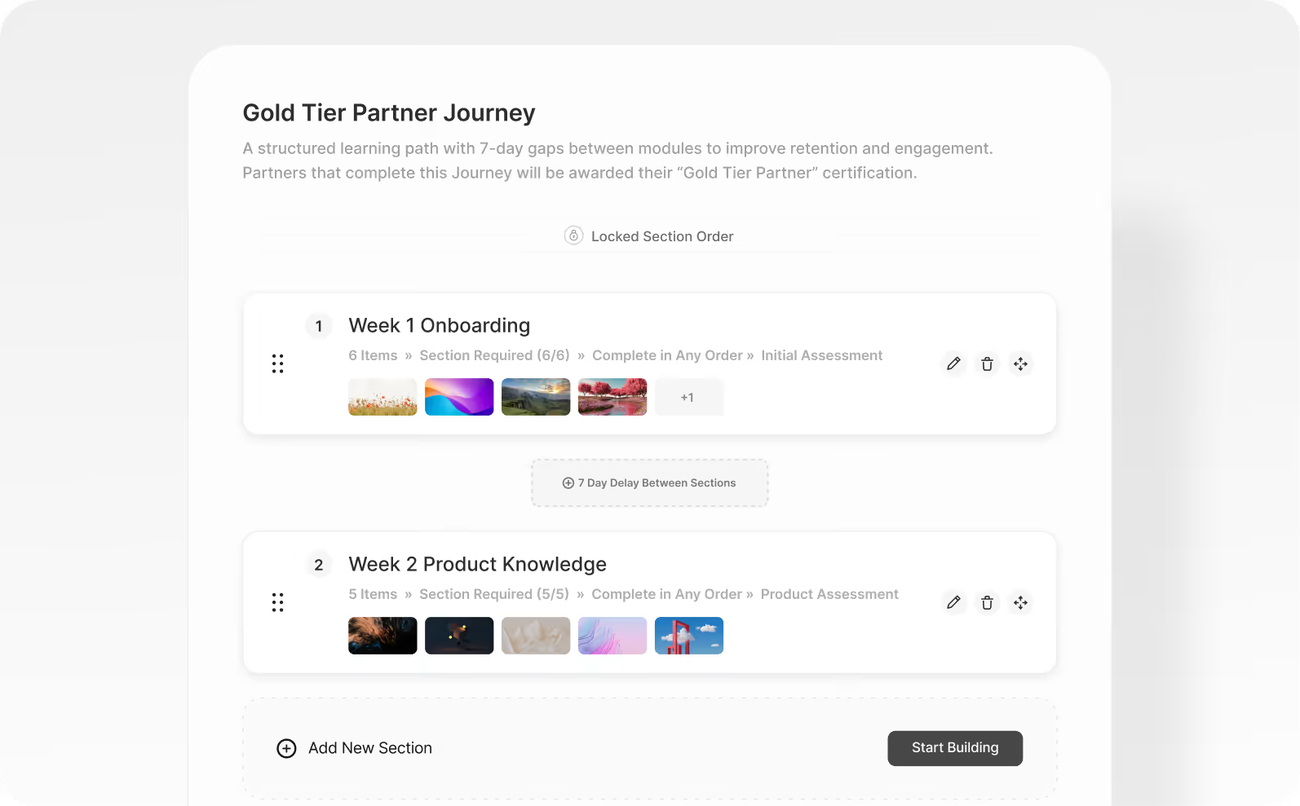 Continu Gold Tier Partner Journey builder with a Week 1 Onboarding section and a Week 2 Product Knowledge section, a seven day delay between sections and a locked section order