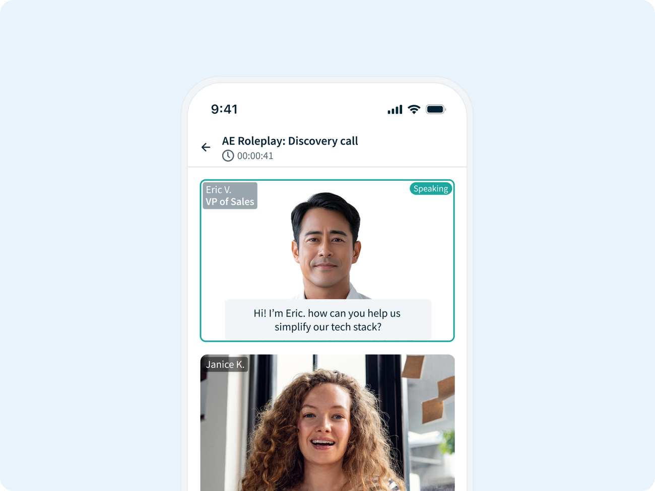 Highspot AI Role Play on a phone showing an AE roleplay for a discovery call with an AI buyer video tile