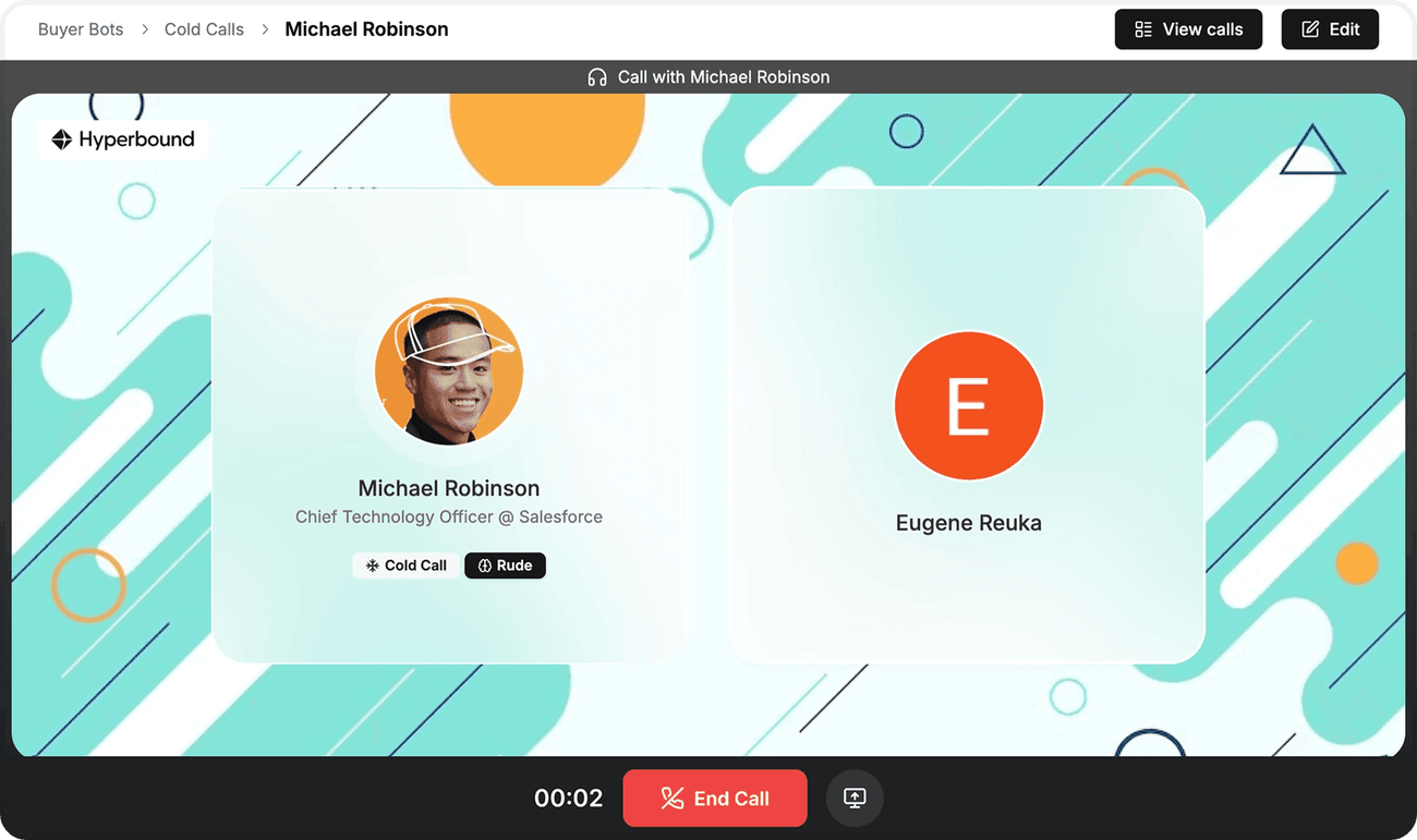 Hyperbound AI buyer role-play call with a chief technology officer persona at Salesforce, a call timer and an end call button