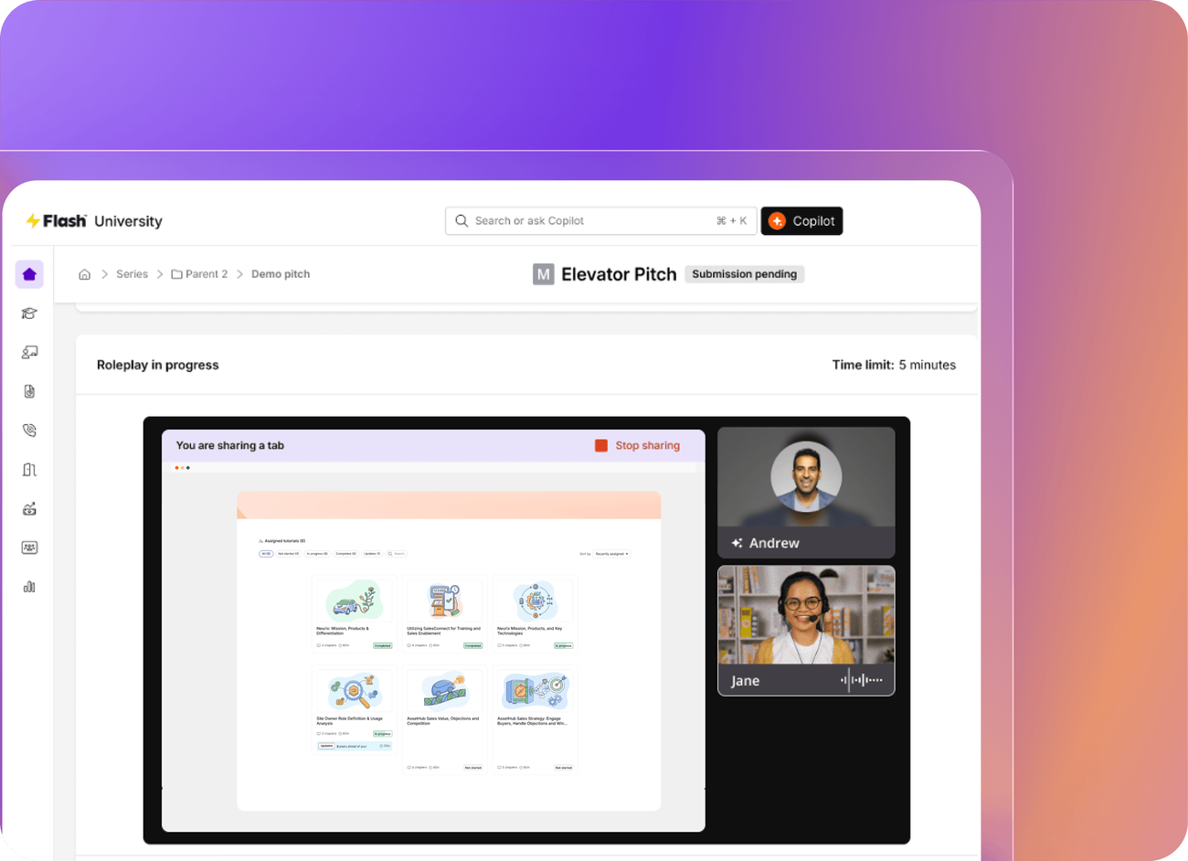 Mindtickle AI role play in progress: an Elevator Pitch exercise with a shared-screen presentation, two participant video tiles and a five minute time limit