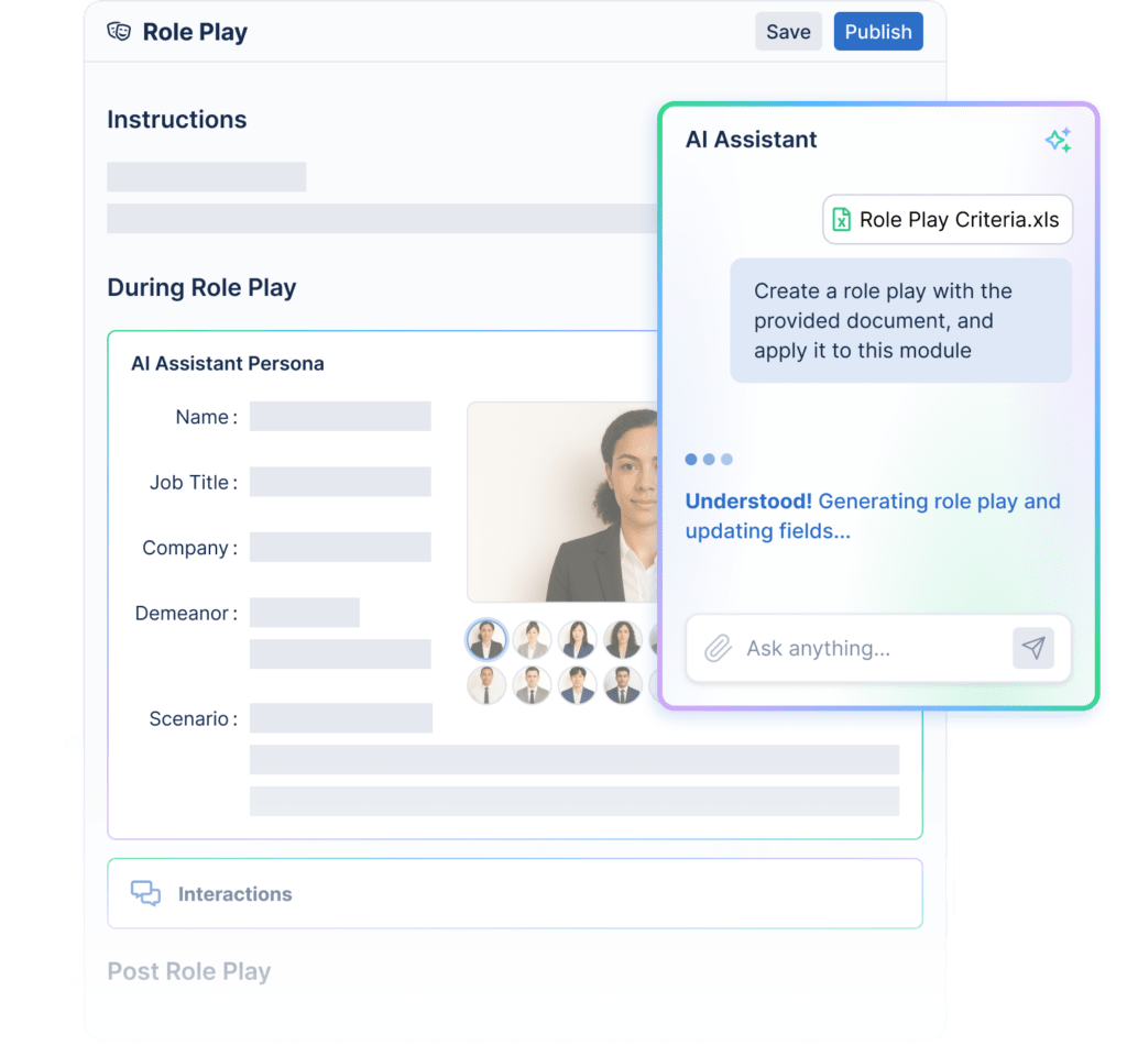 SalesHood AI Role Play Builder with fields for instructions, AI assistant persona name, job title, company, demeanor and scenario, and an AI assistant panel generating a role play from an uploaded document