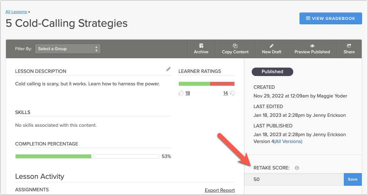 Seismic Learning lesson page for a cold-calling lesson with completion percentage and a retake score field set to 50