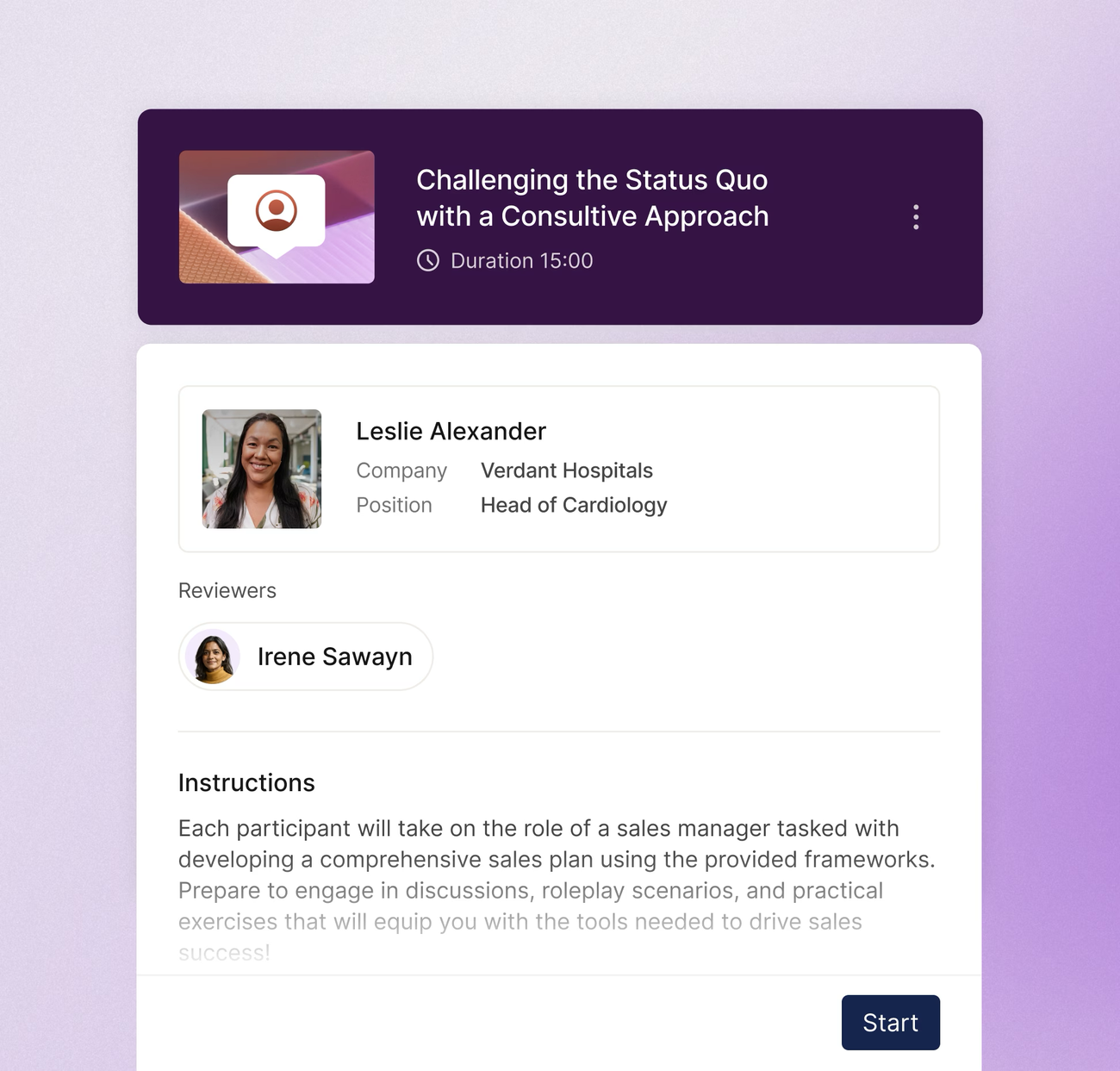 Showpad Roleplay AI scenario with a course title, a buyer persona, reviewers, instructions for the participant and a Start button