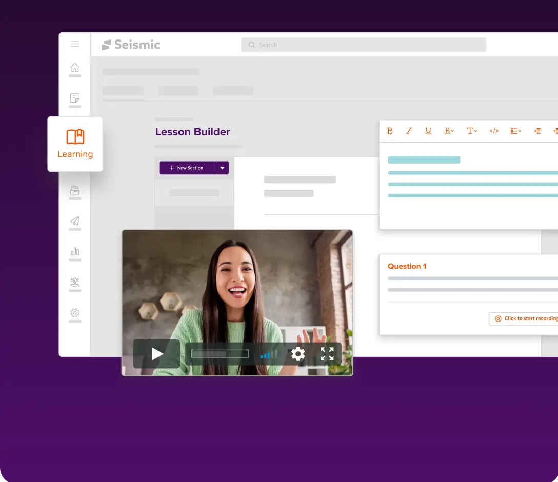 Seismic Learning lesson builder with a video lesson and a question block