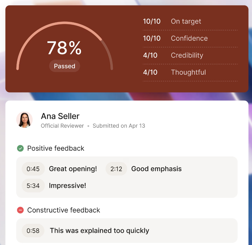 Showpad course result showing 78 percent passed with scores and reviewer feedback on a recorded pitch