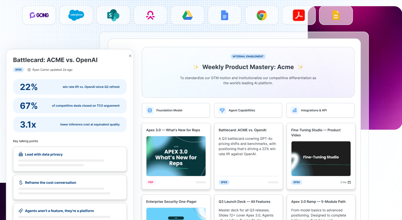 Spekit Knowledge Engine with a battlecard and launch content cards for a product mastery program