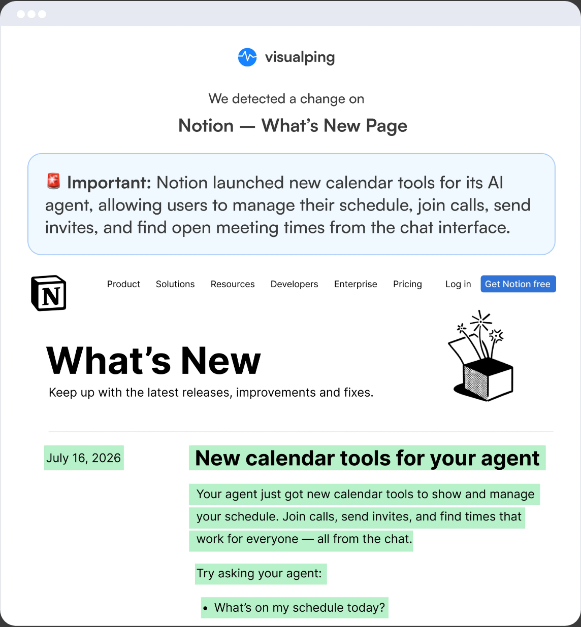 Visualping change alert with an AI summary flagged Important above the highlighted changed page